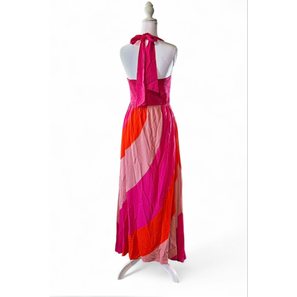 💕🧡NWT AEMI + CO Pink Orange Coral Halter Maxi Dress Colorblock Size S - Picture 2 of 5